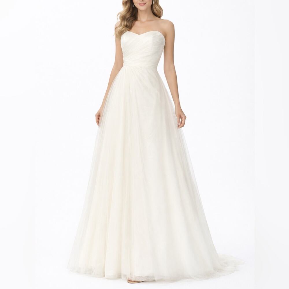 Monique Lhuillier Bridesmaids Sleeveless Sweetheart White Tulle Maxi Dress Sz 12